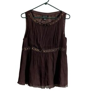 Vtg Y2K Michelle Antonelli Silk Top Sleeveless Embellished Neck Brown Large